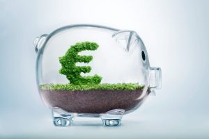 Piggy bank savings concept with grass growing in shape of Euro sign